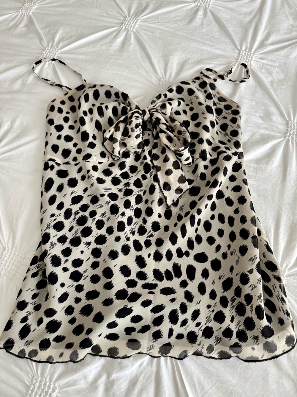INC International Concepts Ivory and Black Spotted Tie-Front Satin Cami
